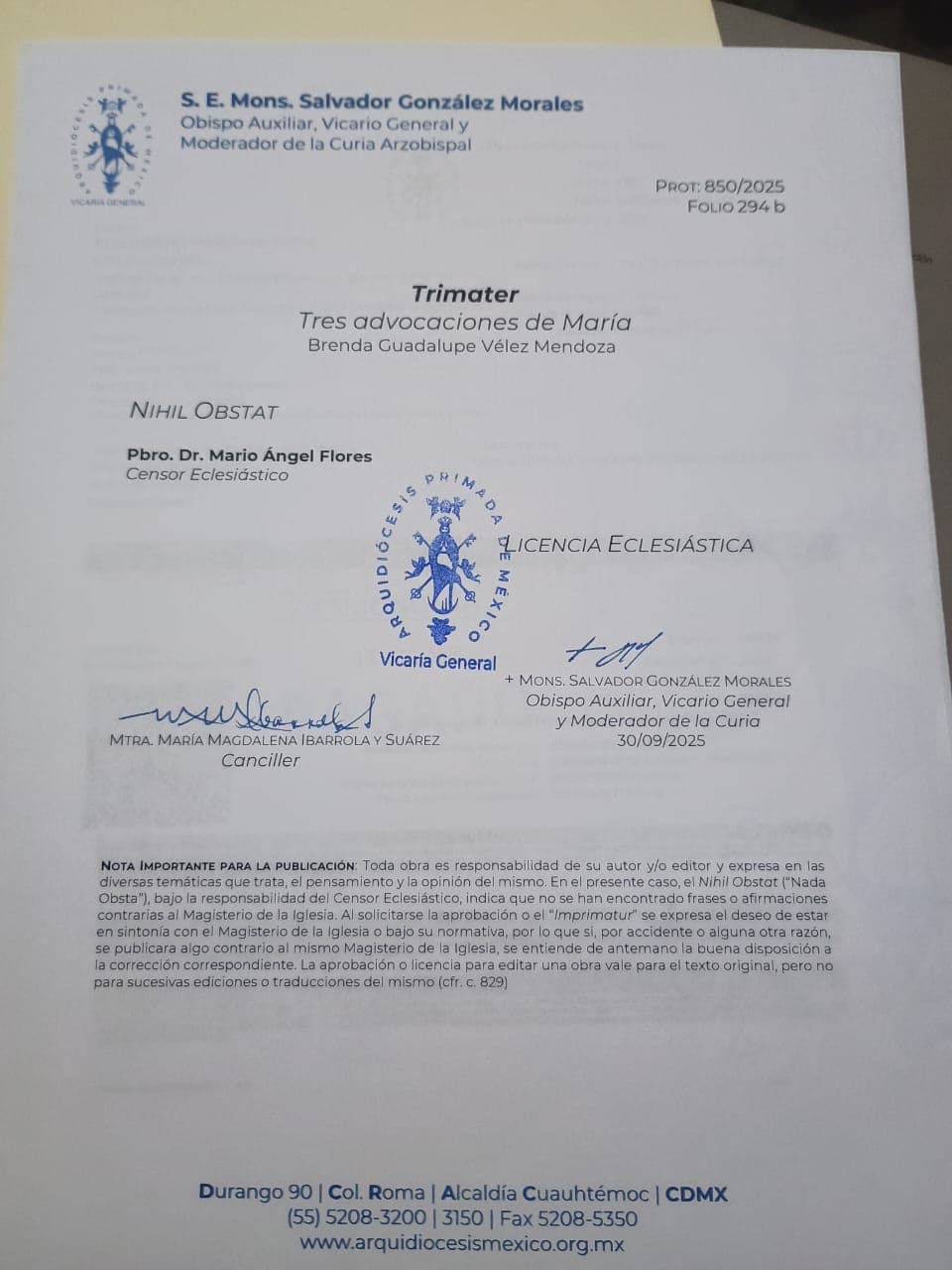 Documento de licencia eclesiástica de TRÍMATER